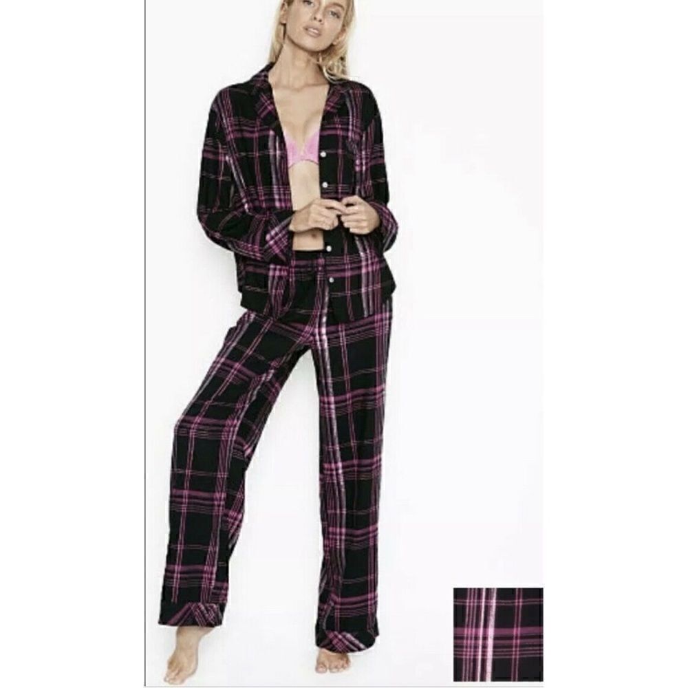NEW Victoria’s Secret Shimmer Flannel Pajama Set Pink Black Big Plaid Size S